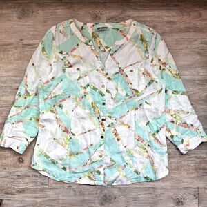 JM Collection Linen Blouse Large Green Lightweight Summer Top 100% Linen Women’s